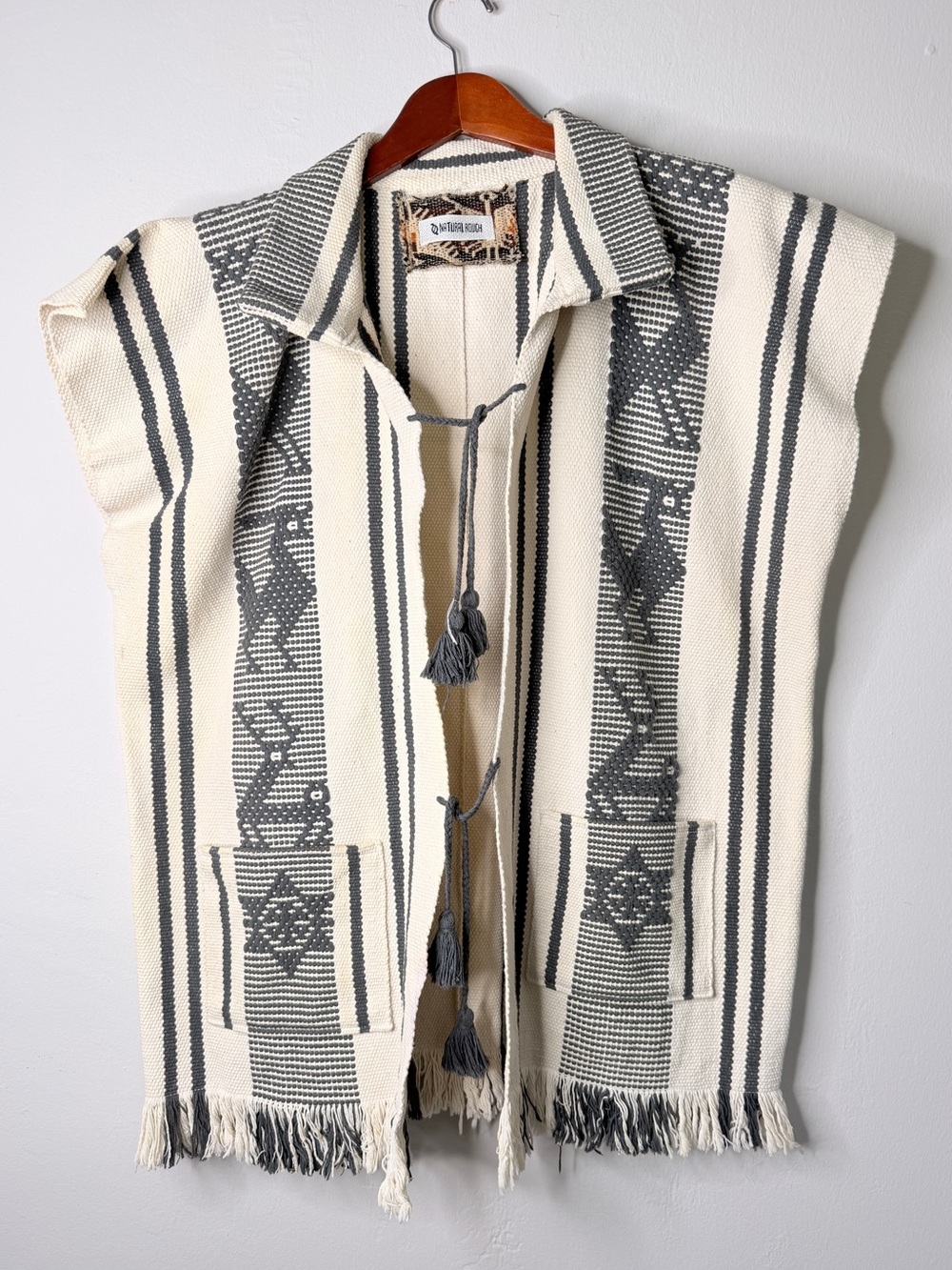 Natural Rough Woven Southwestern Fringe Vest Cream Gray Boho One Size